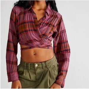 New Free People • We the Free • One Way Plaid Wrap Cropped Top Size Large